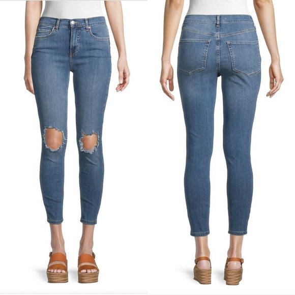 Free People Busted Ripped Knees Skinny Jeans Sz 25 distressed Medium Wash - Picture 1 of 9